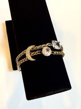 Gold Celestial Crescent Moon Crystal Double Chain Bracelet | NWT